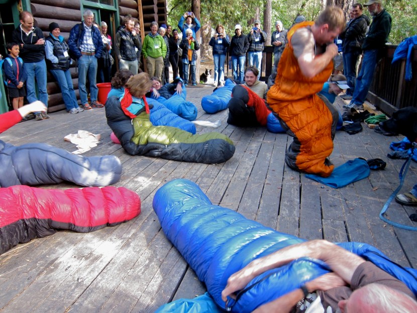 The sleeping bag speed stuffing event during the Hiker Olympics.