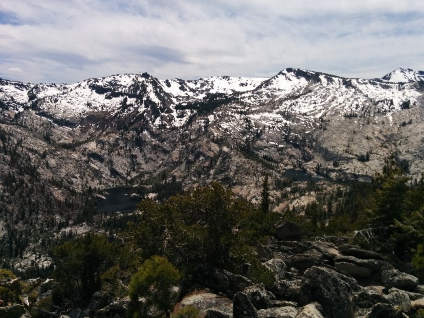 The view from Maggie's Peak towards the west. Snow Lake and Azure Lake, peaks of Desolation Wilderness and the route we took lay below. Lake Tahoe is behind my back.